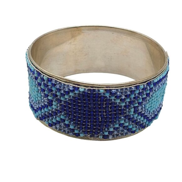 Blue Seed Beads Wide Bangle Bracelet Silver Tone Vintage - Picture 2 of 6